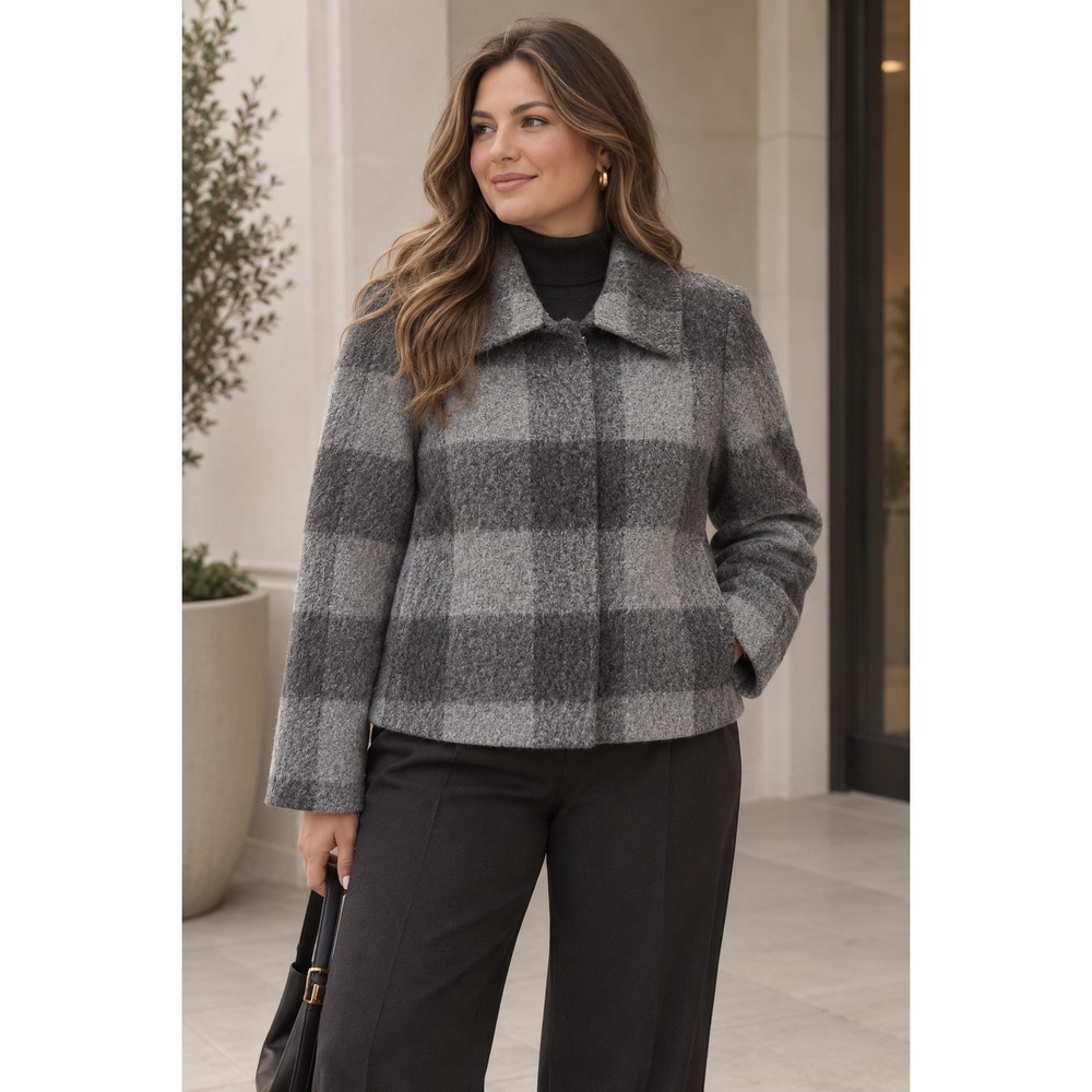 Talbots Jackie Fit Gray Plaid Wool Alpaca Blend Zip Front Jacket Women's Size 10
